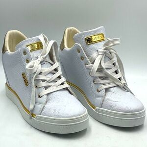 Guess Shoes:”Flowurs” Women’s White & Gold Embossed Platform Wedge Heel Sneakers
